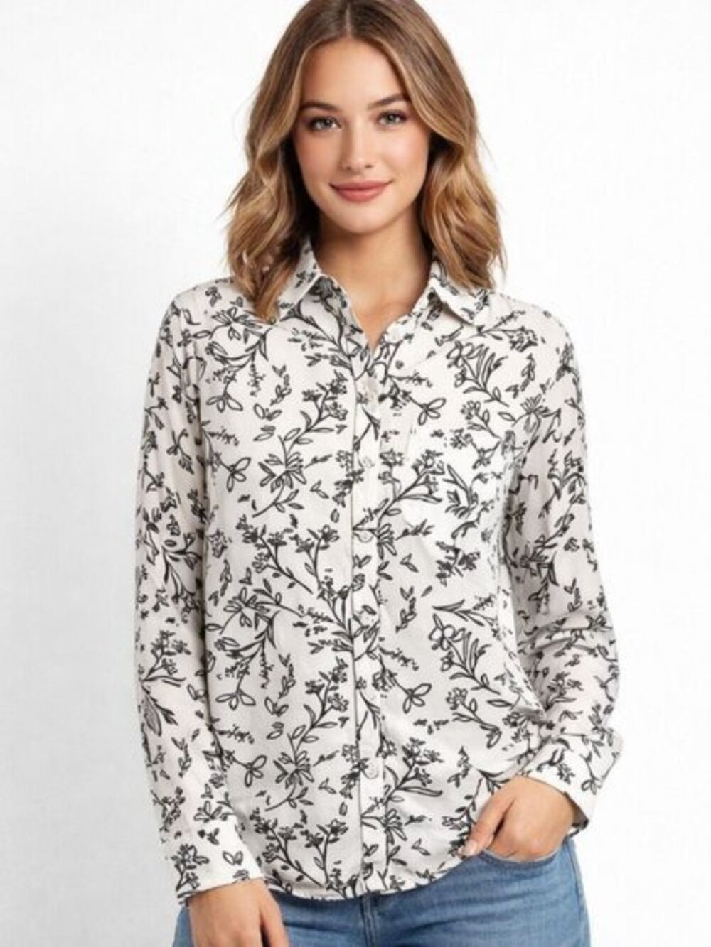 Zoe Button Front Blouse Shirt Top Size Medium Floral Long Sleeve Hi-Lo